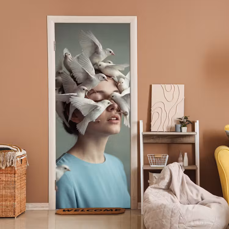 Vrouw - Vogels - Abstract - Modern - Wit deurposter klein -sfeer1