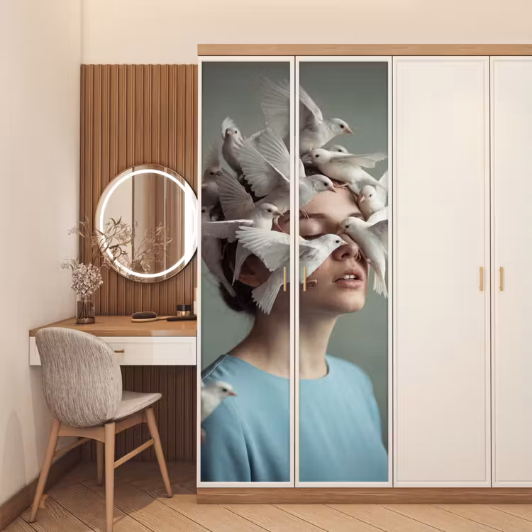 Vrouw - Vogels - Abstract - Modern - Wit deurposter klein -sfeer3