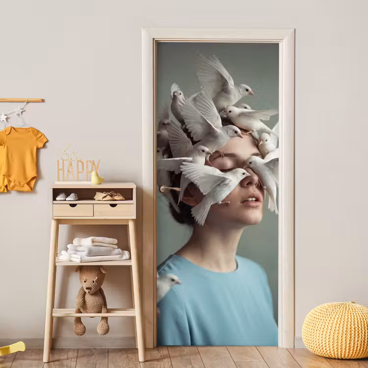 Vrouw - Vogels - Abstract - Modern - Wit deurposter klein -sfeer4