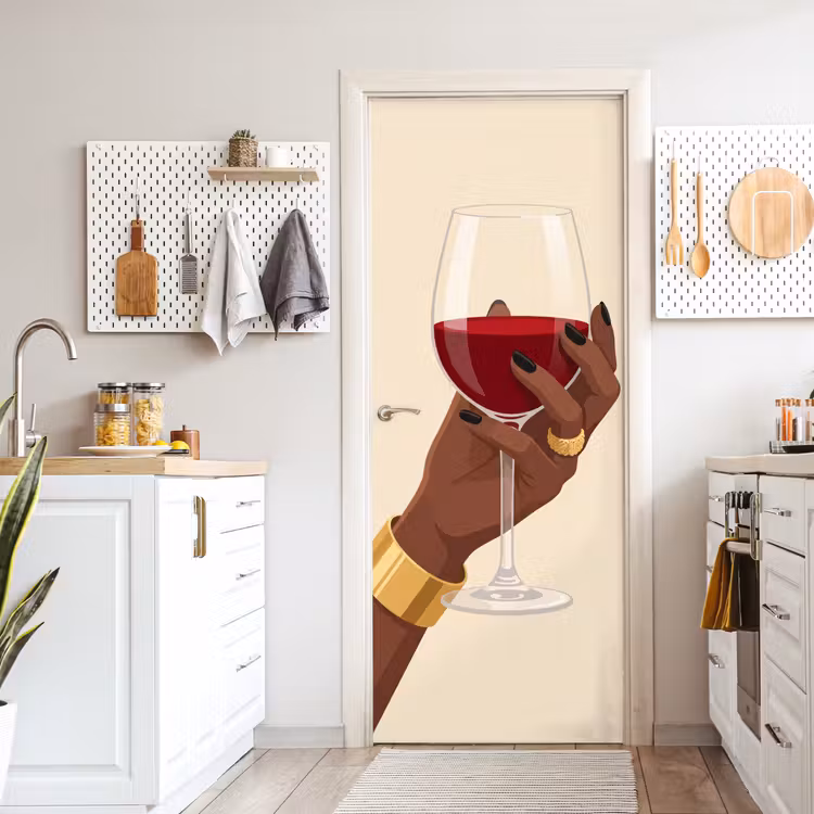 Vrouw - Wijn - Glas - Illustratie - Rood deurposter klein -sfeer5