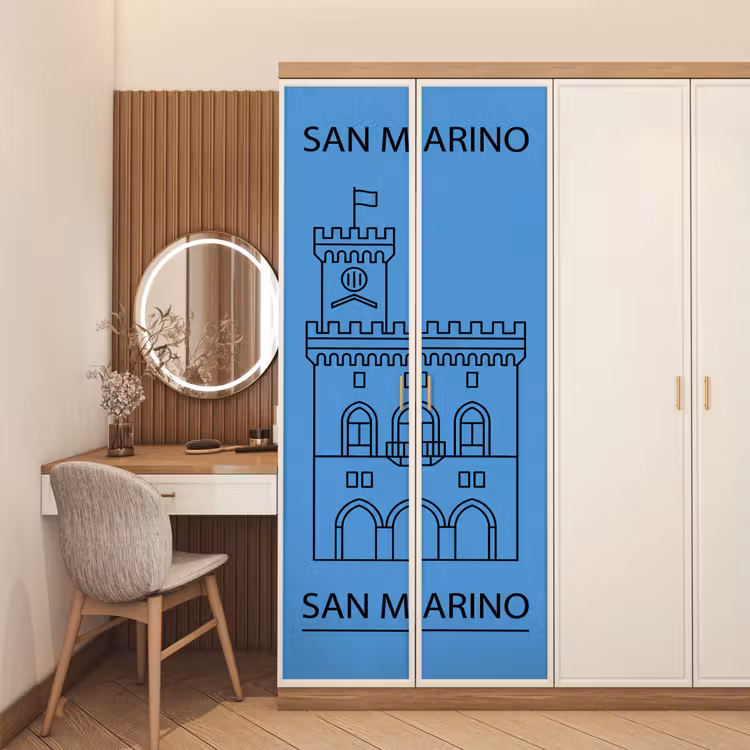 Gebouw - San Marino - Architectuur - Lijntekening - Blauw deurposter klein -sfeer3