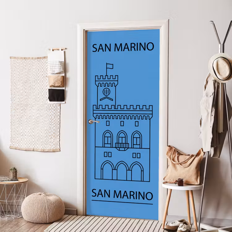 Gebouw - San Marino - Architectuur - Lijntekening - Blauw deurposter klein -sfeer6