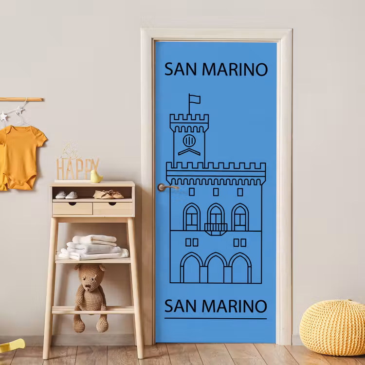 Gebouw - San Marino - Architectuur - Lijntekening - Blauw deurposter klein -sfeer4