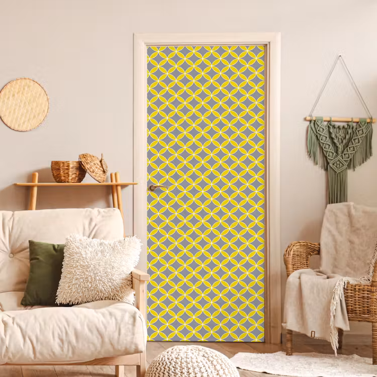 Geometrisch - Cirkels - Modern - Grijs - Geel deurposter klein 289 -sfeer2
