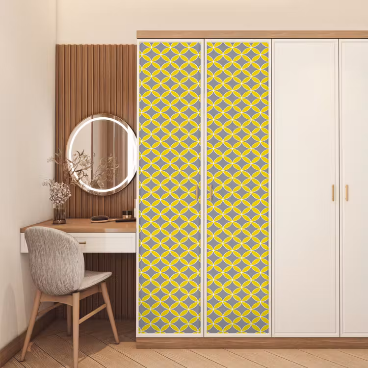 Geometrisch - Cirkels - Modern - Grijs - Geel deurposter klein 289 -sfeer3