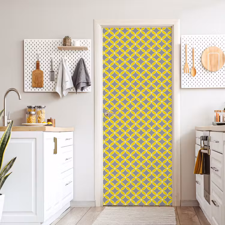 Geometrisch - Cirkels - Modern - Grijs - Geel deurposter klein 289 -sfeer5