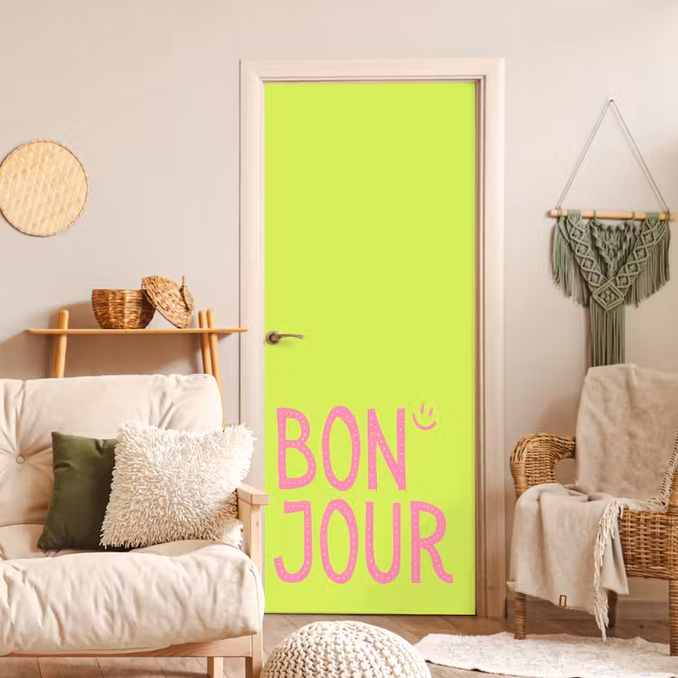 Groen - Smiley - Bonjour - Roze deurposter klein -sfeer2