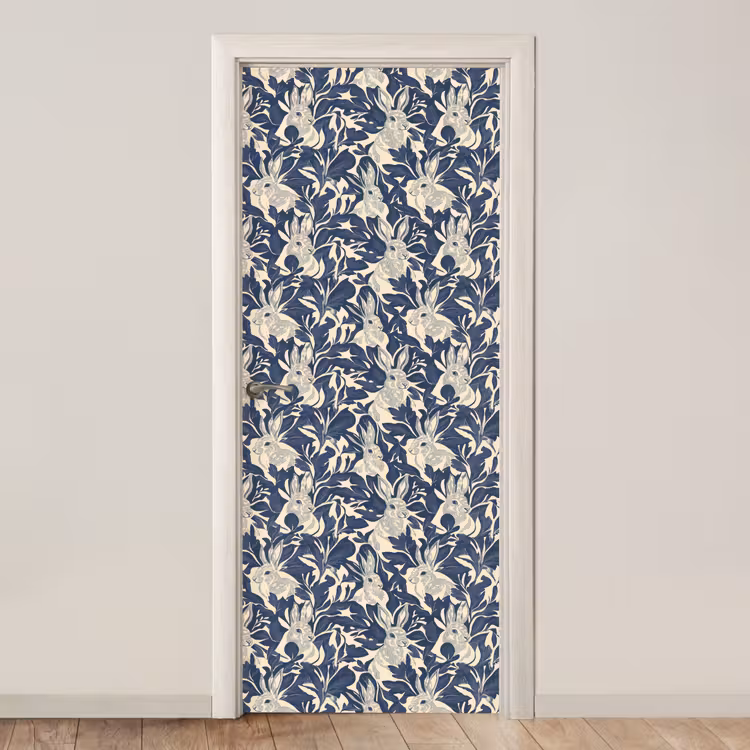 Hazen - Bladeren - Patroon - Blauw - Beige deurposter klein 289 -3d_beige