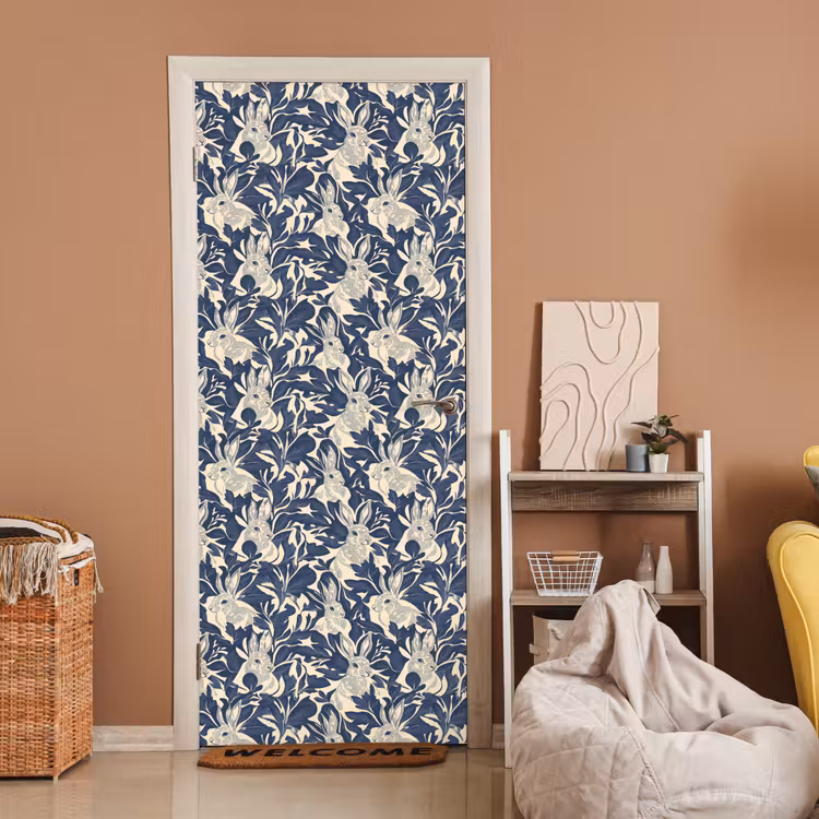 Hazen - Bladeren - Patroon - Blauw - Beige deurposter klein 289 -sfeer1