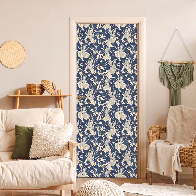 Hazen - Bladeren - Patroon - Blauw - Beige deurposter klein 289 -sfeer2