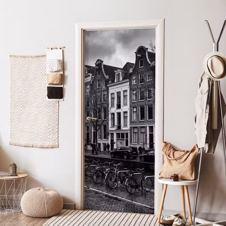 Huis - Gracht - Amsterdam - Architectuur - Zwart-wit deurposter klein -sfeer6