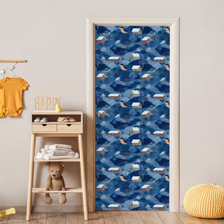 Huisjes - Vogels - Sneeuw - Winter - Blauw deurposter klein 289 -sfeer4