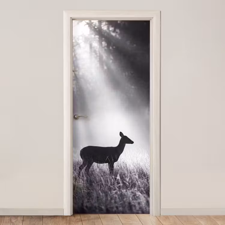 Hert - Bos - Zonnestralen - Zwart-wit - Natuur deurposter klein -3d_beige