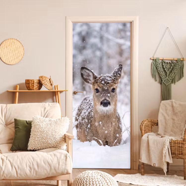 Hert - Sneeuw - Bos - Dieren - Vertederend deurposter klein -sfeer2