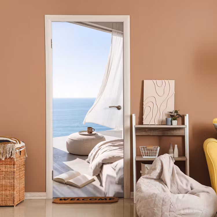 Interieur - Zeezicht - Modern - Rust - Beige deurposter klein -sfeer1