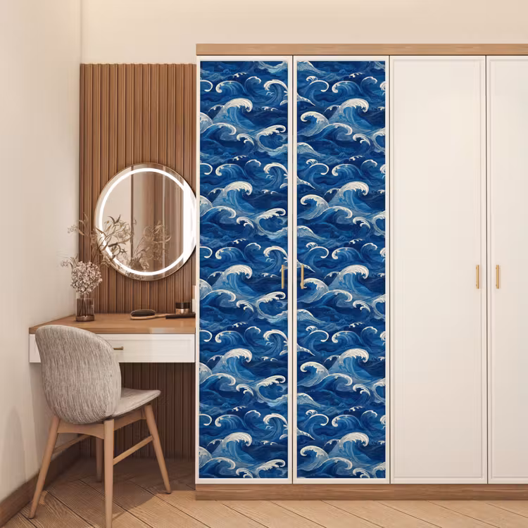 Japans - Oceaan - Golven - Blauw deurposter klein 289 -sfeer3