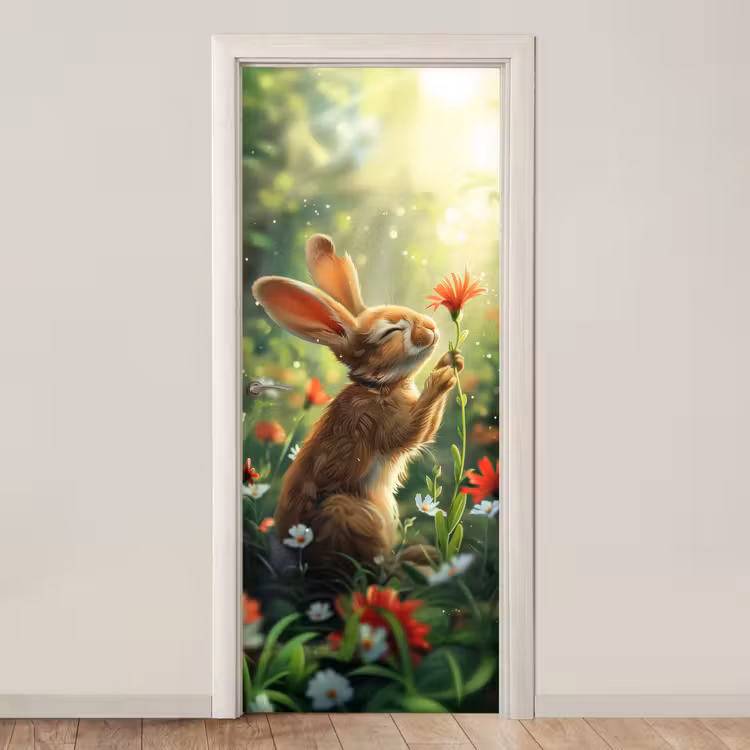 Konijn - Dieren - Bloemen - Natuur deurposter klein -3d_beige