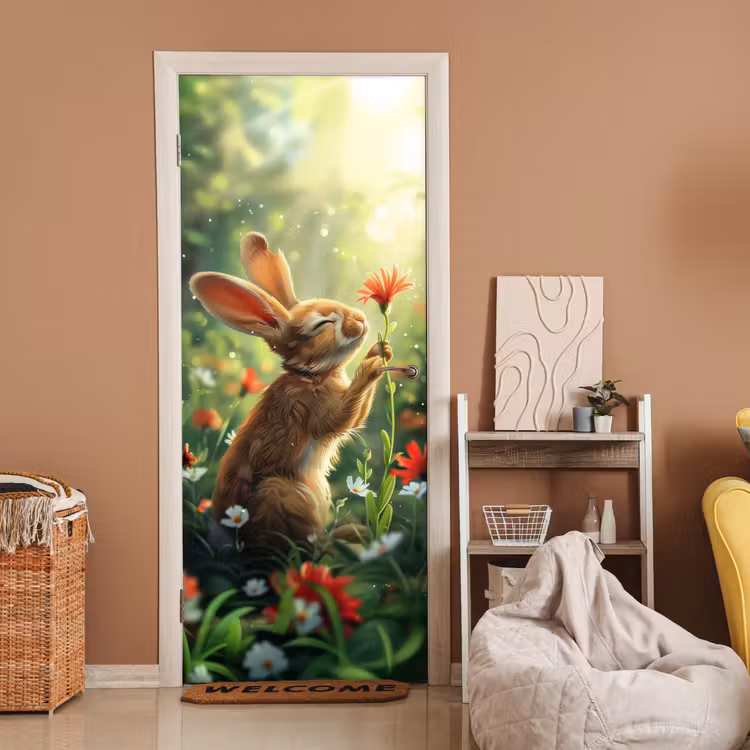 Konijn - Dieren - Bloemen - Natuur deurposter klein -sfeer1