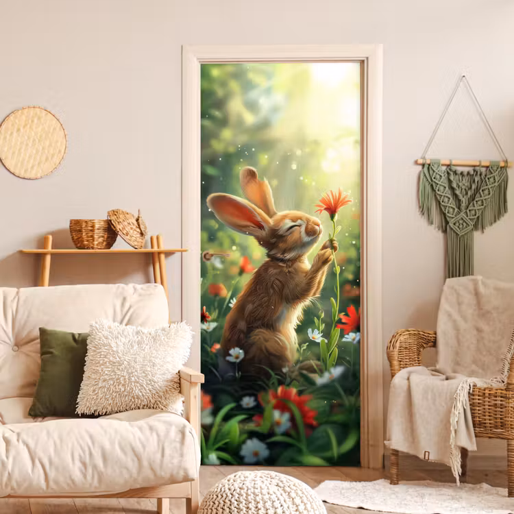 Konijn - Dieren - Bloemen - Natuur deurposter klein -sfeer2