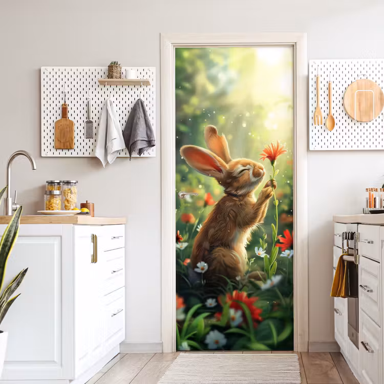 Konijn - Dieren - Bloemen - Natuur deurposter klein -sfeer5