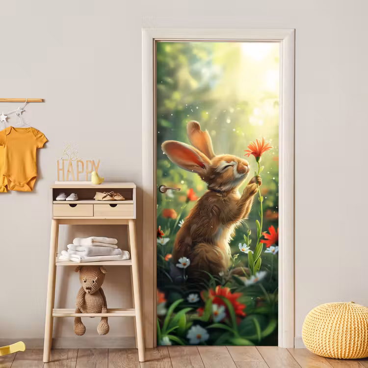 Konijn - Dieren - Bloemen - Natuur deurposter klein -sfeer4