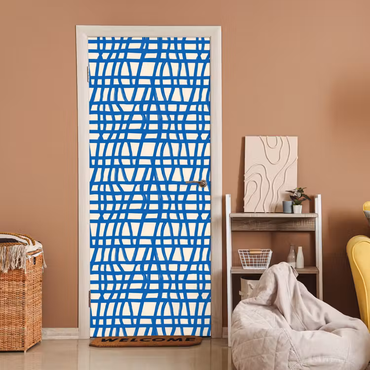 Ruitpatroon - Blauw - Crème deurposter klein 289 -sfeer1