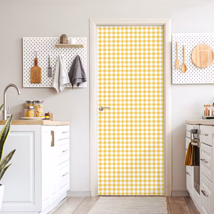 Ruit - Gingham - Klassiek - Geel en Wit deurposter klein 289 -sfeer5