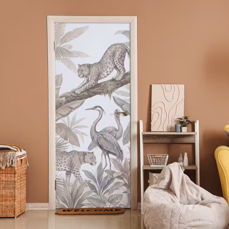 Kat - Vogel - Jungle - Illustratie - Dieren deurposter klein -sfeer1