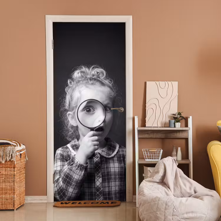 Kind - Vergrootglas - Portret - Zwart-wit deurposter klein -sfeer1