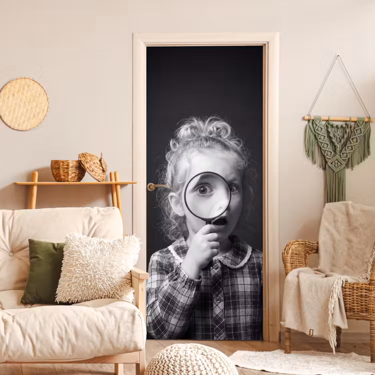 Kind - Vergrootglas - Portret - Zwart-wit deurposter klein -sfeer2
