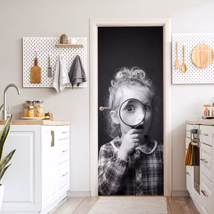 Kind - Vergrootglas - Portret - Zwart-wit deurposter klein -sfeer5
