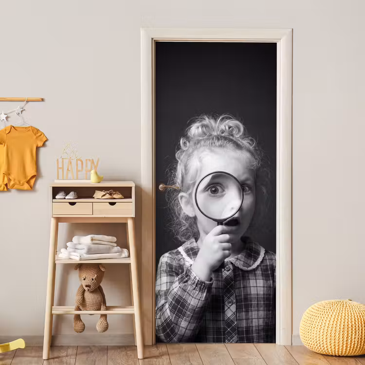 Kind - Vergrootglas - Portret - Zwart-wit deurposter klein -sfeer4