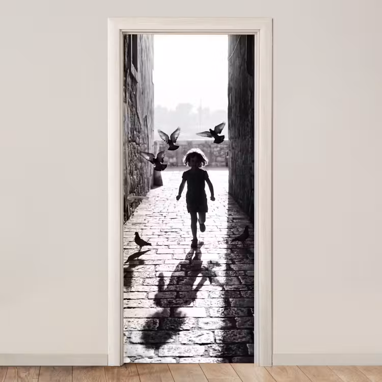 Kind - Vogel - Straat - Zwart-wit - Spelen deurposter klein -3d_beige