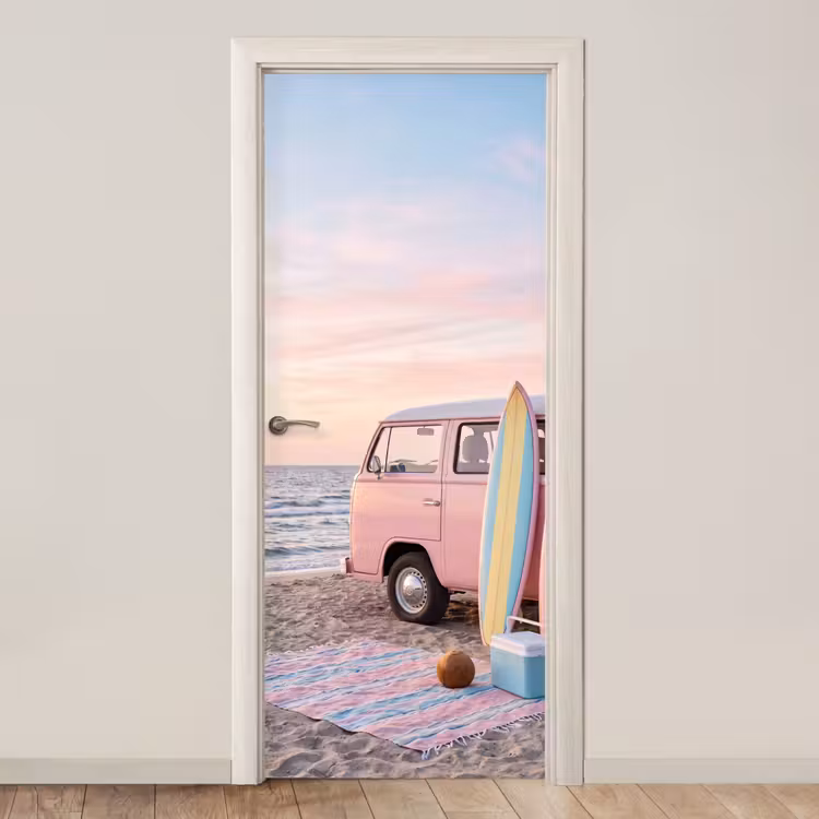 Busje - Strand - Surfplank - Zomer - Roze deurposter klein -3d_beige