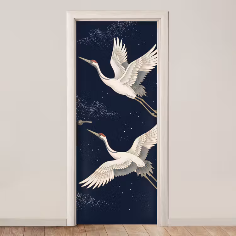 Kraanvogels - Nachthemel - Blauw deurposter klein -3d_beige