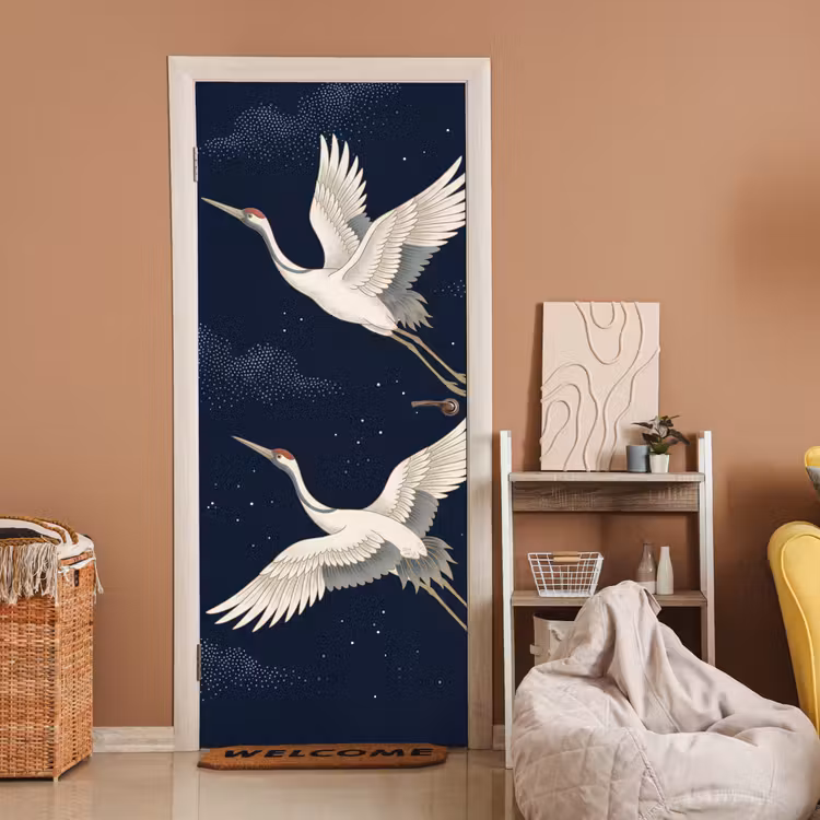 Kraanvogels - Nachthemel - Blauw deurposter klein -sfeer1
