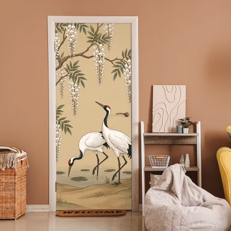Kraanvogels - Water - Beige deurposter klein -sfeer1