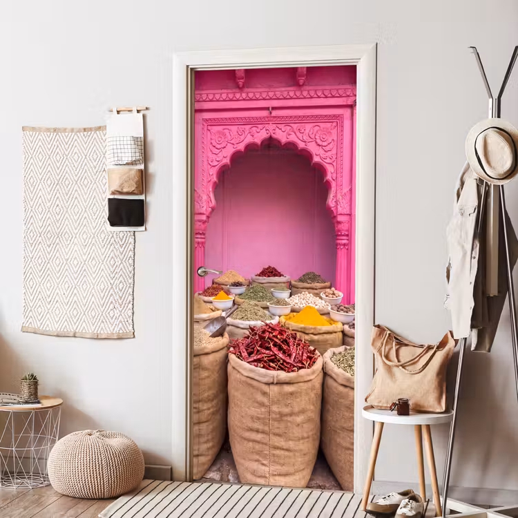 Türtapete - Kräuter – Markt – Rosa - Kruiden - Markt - Roze deurposter klein