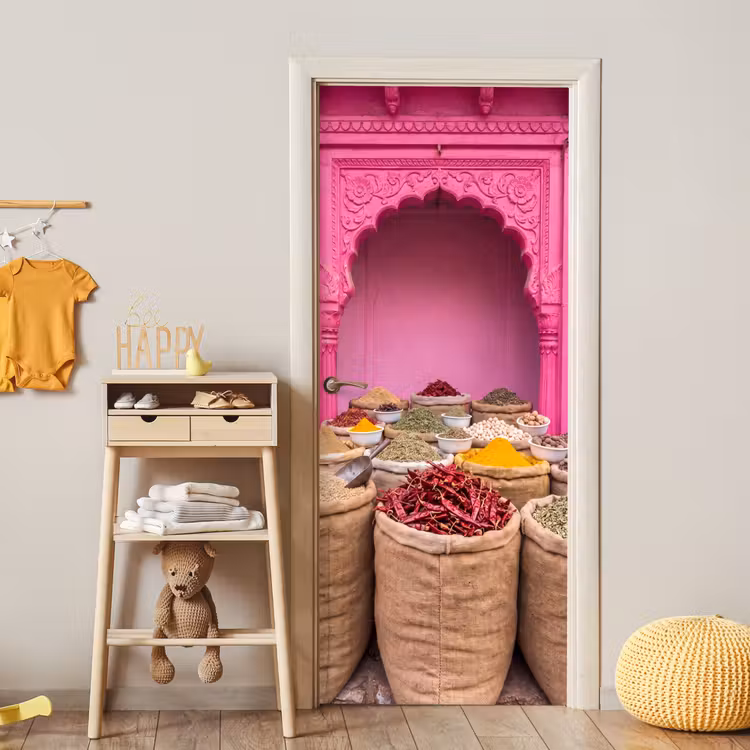 Türtapete - Kräuter – Markt – Rosa - Kruiden - Markt - Roze deurposter klein
