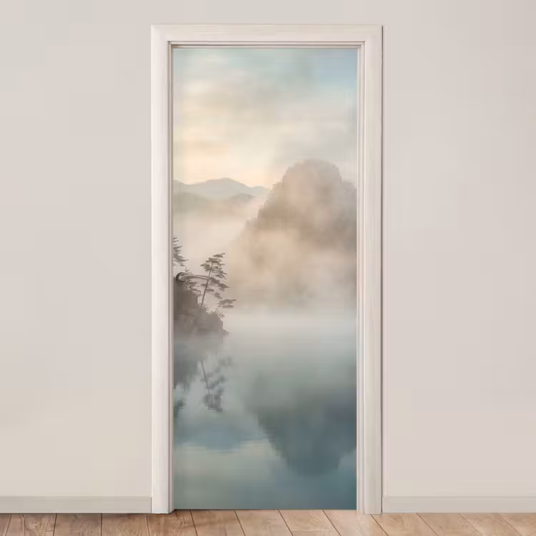 Landschap - Bergen - Mist - Water - Natuur deurposter klein -3d_beige