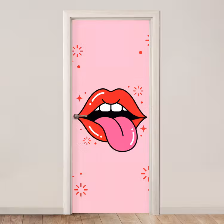 Lippen - Tong - Pop-art - Kleurrijk - Roze deurposter klein -3d_beige