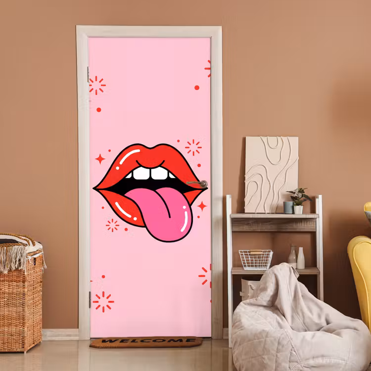 Lippen - Tong - Pop-art - Kleurrijk - Roze deurposter klein -sfeer1