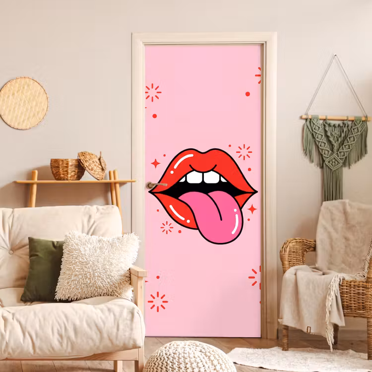 Lippen - Tong - Pop-art - Kleurrijk - Roze deurposter klein -sfeer2