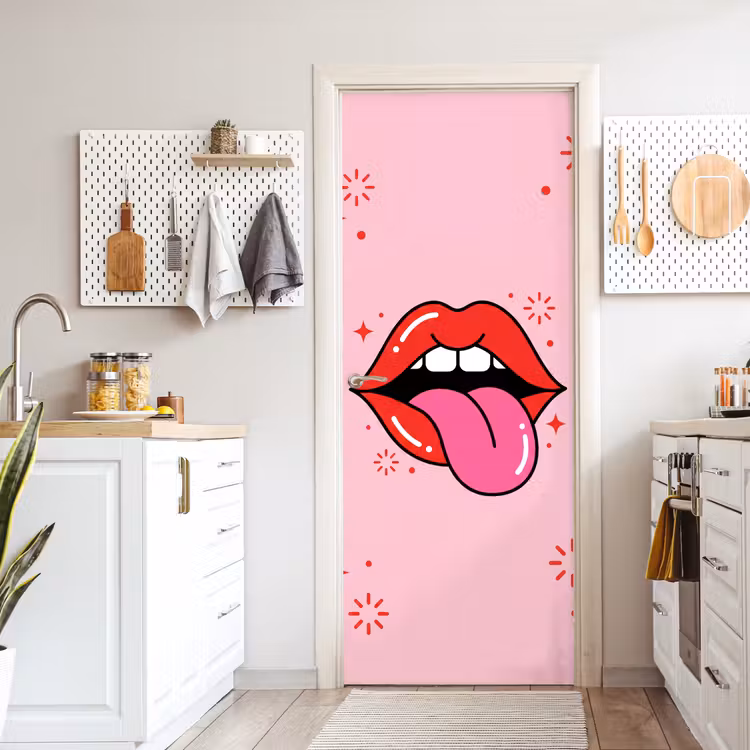 Lippen - Tong - Pop-art - Kleurrijk - Roze deurposter klein -sfeer5