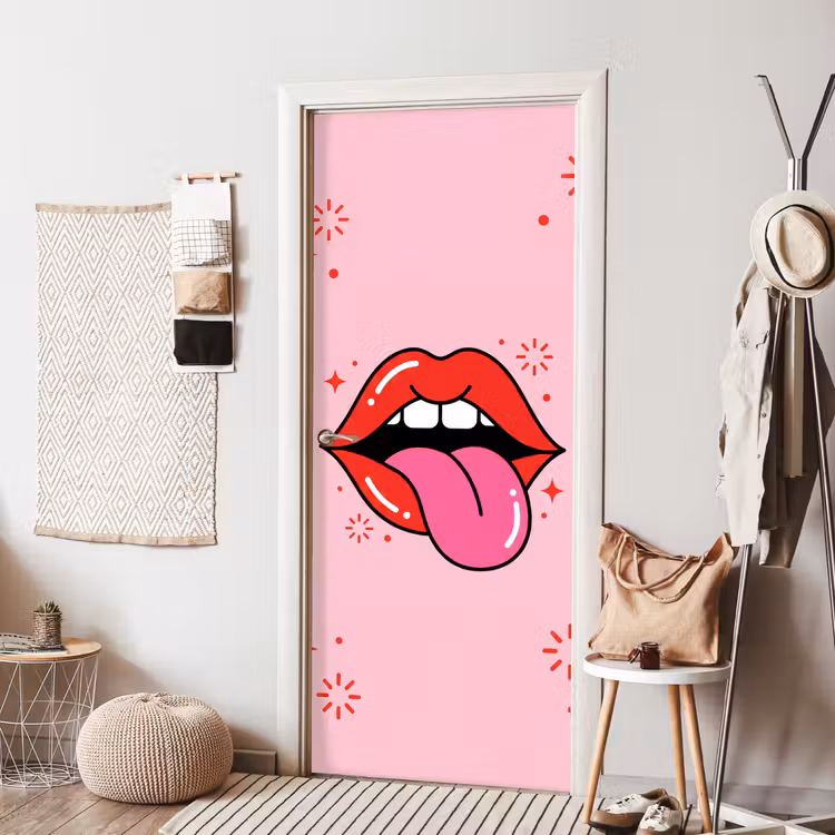 Lippen - Tong - Pop-art - Kleurrijk - Roze deurposter klein -sfeer6