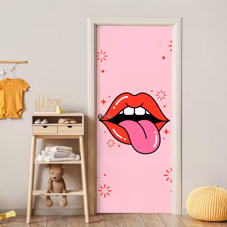 Lippen - Tong - Pop-art - Kleurrijk - Roze deurposter klein -sfeer4