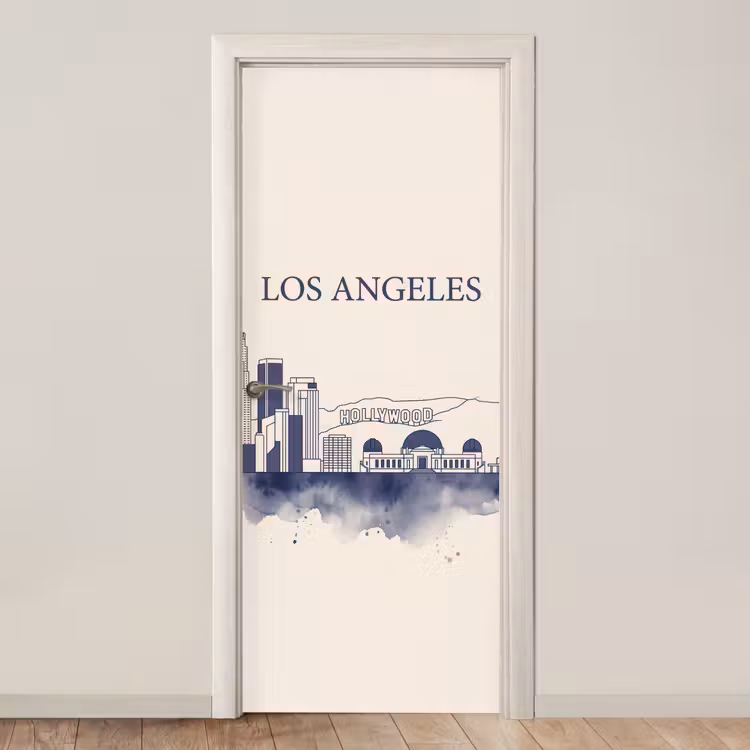 Los Angeles - Skyline - Architectuur - Aquarel - Blauw deurposter klein -3d_beige