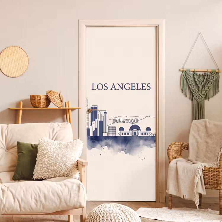 Los Angeles - Skyline - Architectuur - Aquarel - Blauw deurposter klein -sfeer2