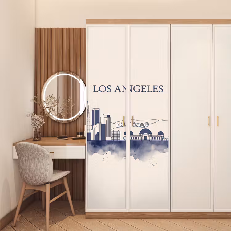 Los Angeles - Skyline - Architectuur - Aquarel - Blauw deurposter klein -sfeer3