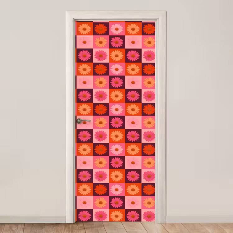 Madeliefjes - Dambord - Retro - Roze - Oranje deurposter klein 289 -3d_beige